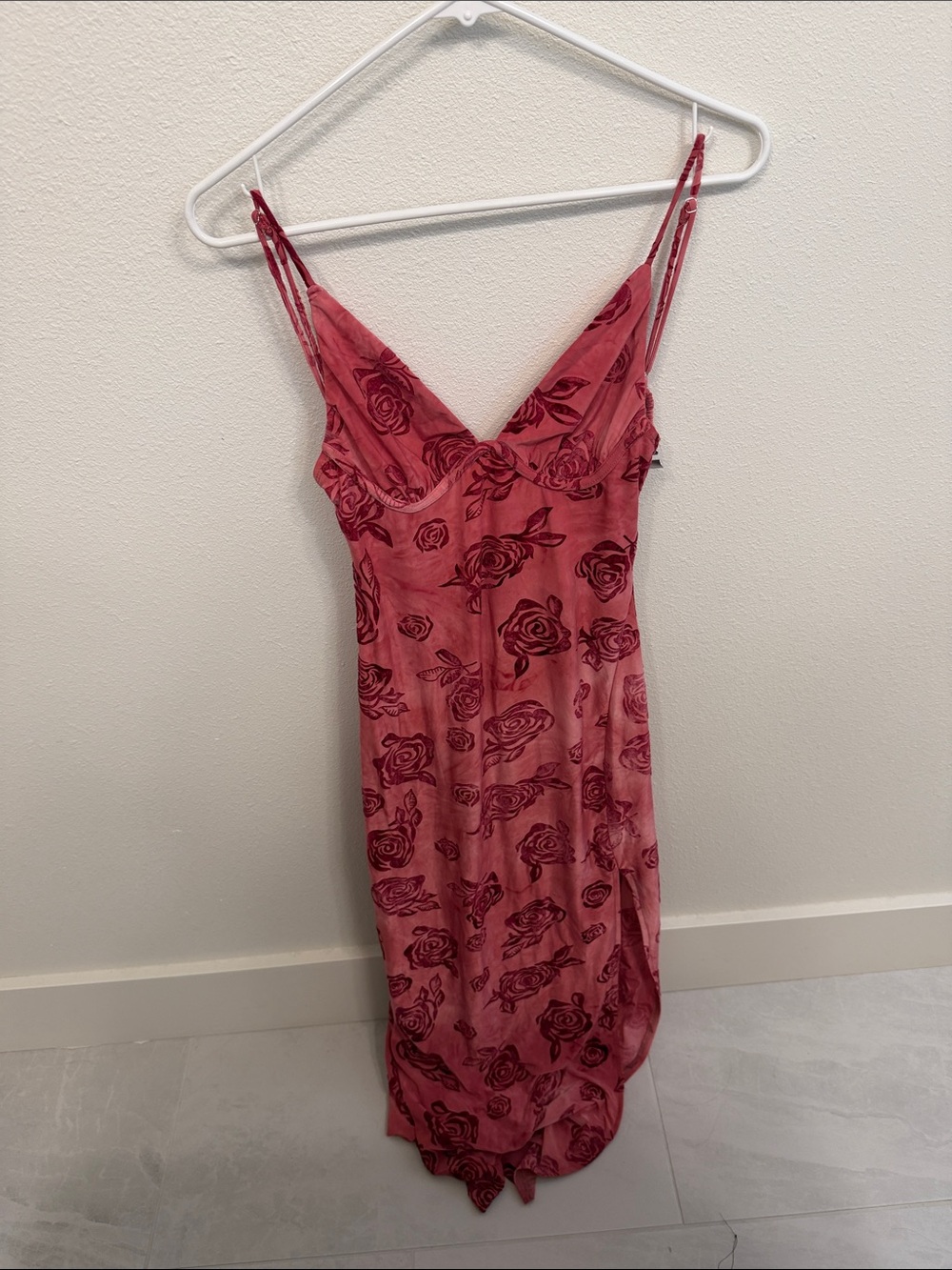 Hello Molly Rose-Print Slip Dress in Rose Pink and Burgundy